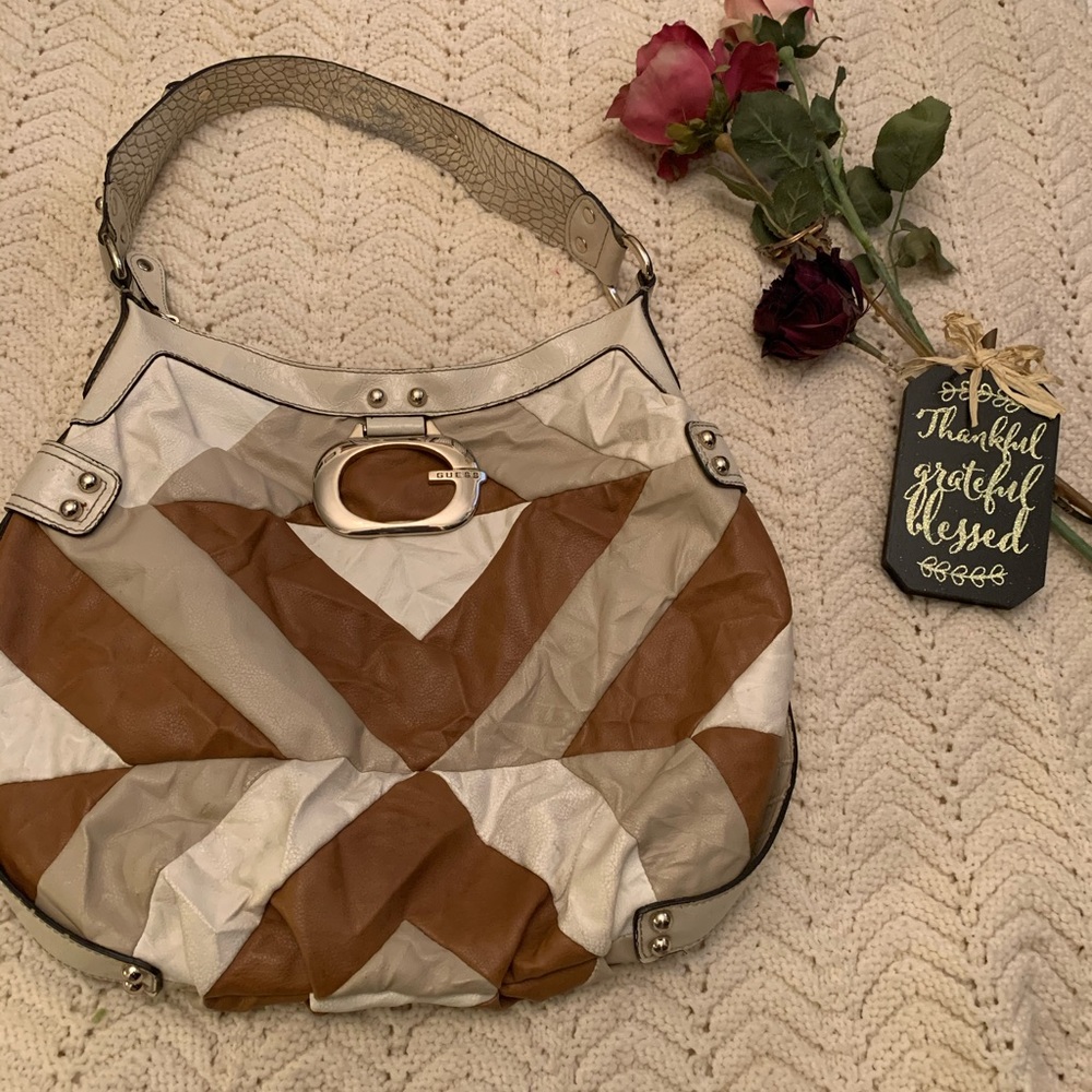 Euc Guess Brown White Tan Leather Shoulder Bag Pu… - image 1